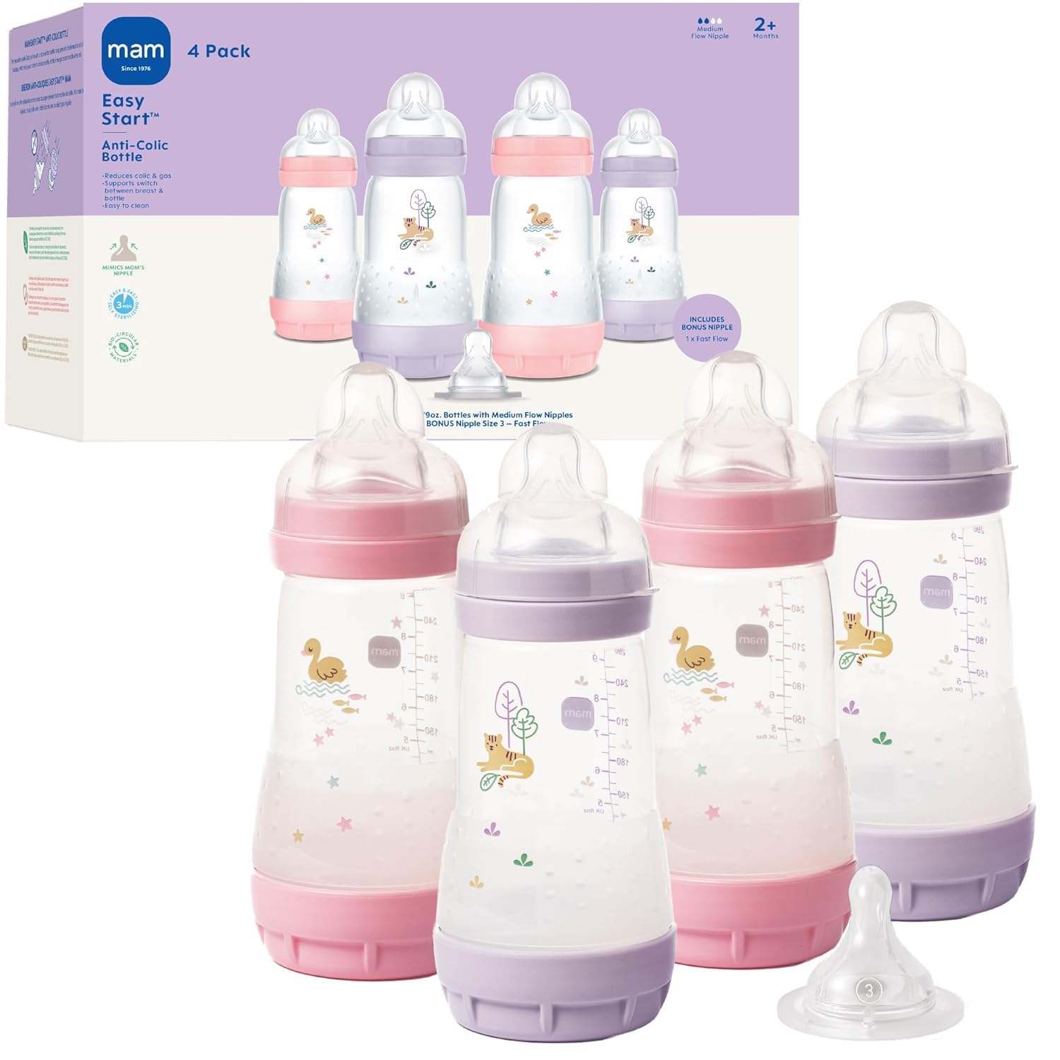 MAM 9oz Easy Start Anti-Colic Wide Neck Baby Bottle, Medium Flow